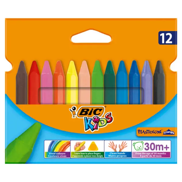 BIC Kids Wax Crayons Plastidecor Triangle Jumbo 12 Colors تلوين شمع عريض