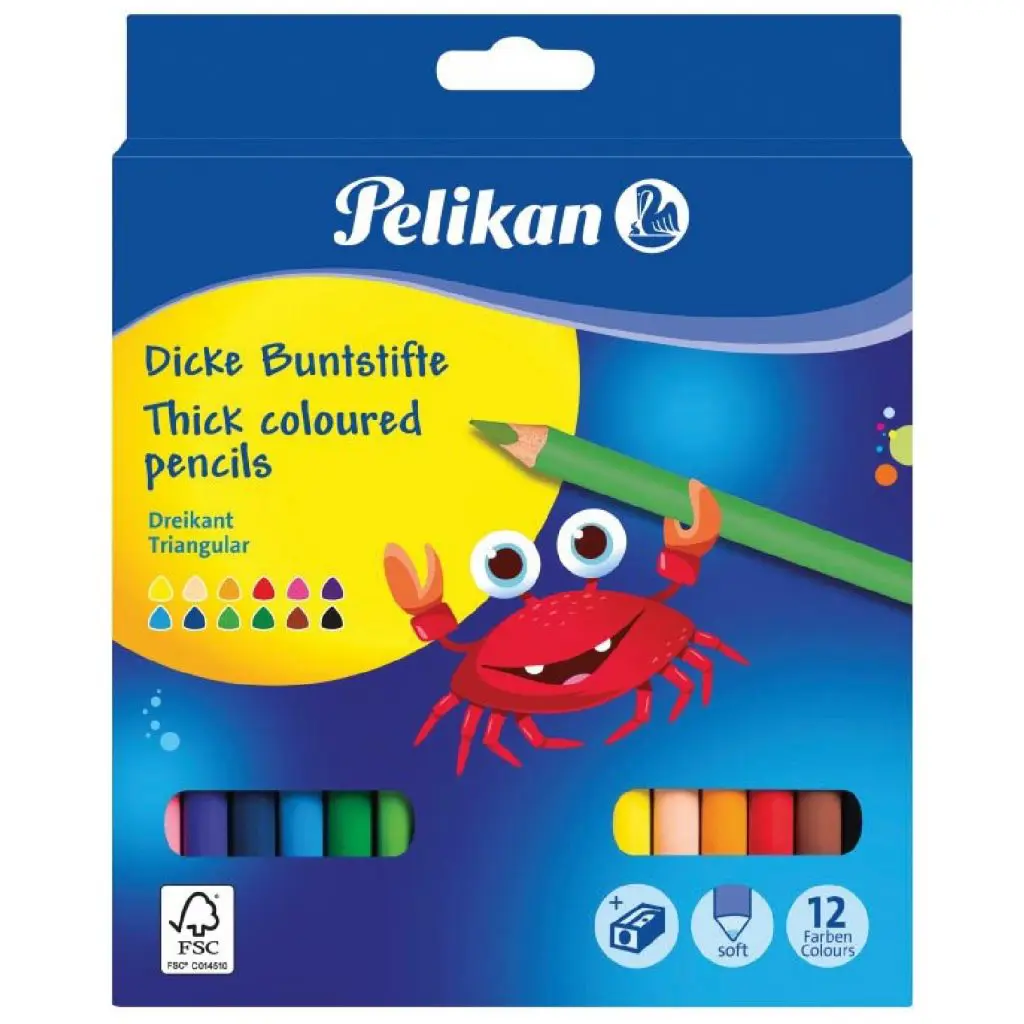 Pelikan Coloring Pencils 12 Colors Jumbo Triangular + Sharpener / 724062 تلوين خشب عريض