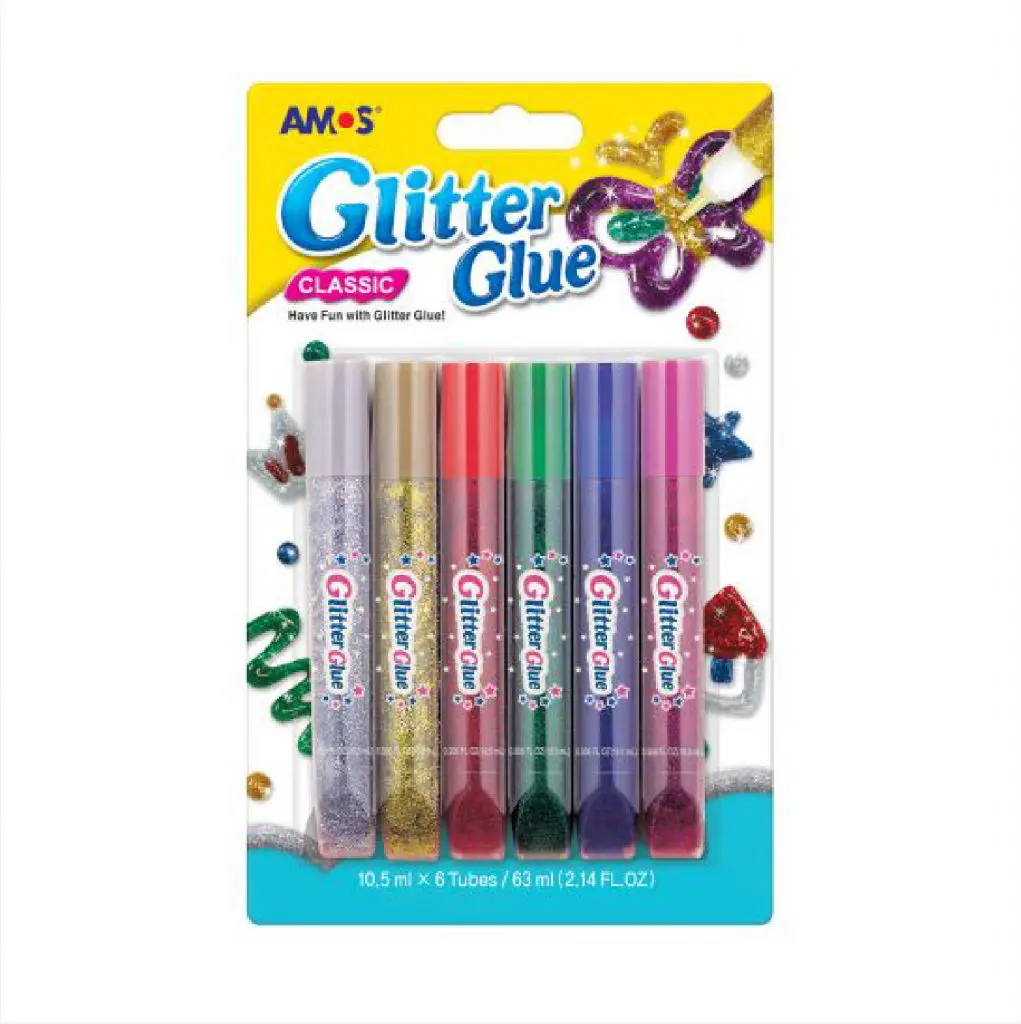 AMOS Glitter Glue 10.5ml * 6 Tubes Classic GCL10B6 انابيب برق