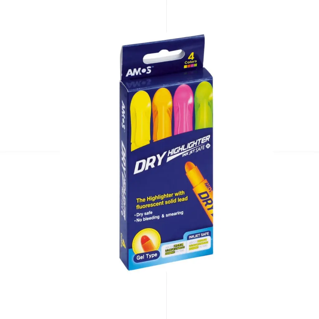 AMOS DRY Highlighter 4 Colors / Ink Jet Safe علبة اقلام فوسفوري