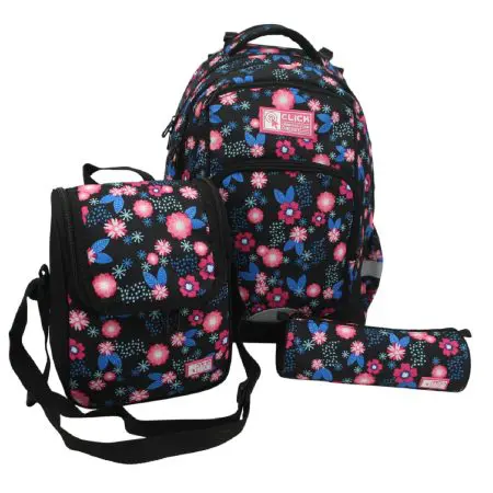 CLICK 2025 (Set 3 Pcs) Backpack 2Comp. + LB + PC طقم شنطة - Flowers
