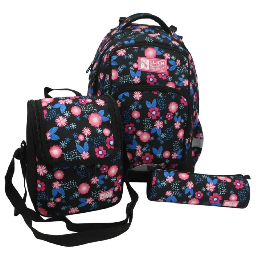 CLICK 2025 (Set 3 Pcs) Backpack 2Comp. + LB + PC طقم شنطة - Flowers