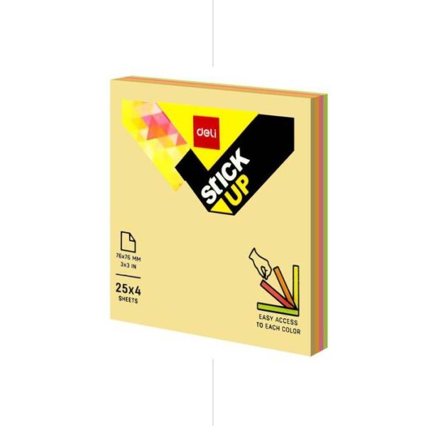 Deli Sticky Notes A02002 Fluo 4 Col. 76*76mm 100sh Separate ورق ملاحظات لاصق
