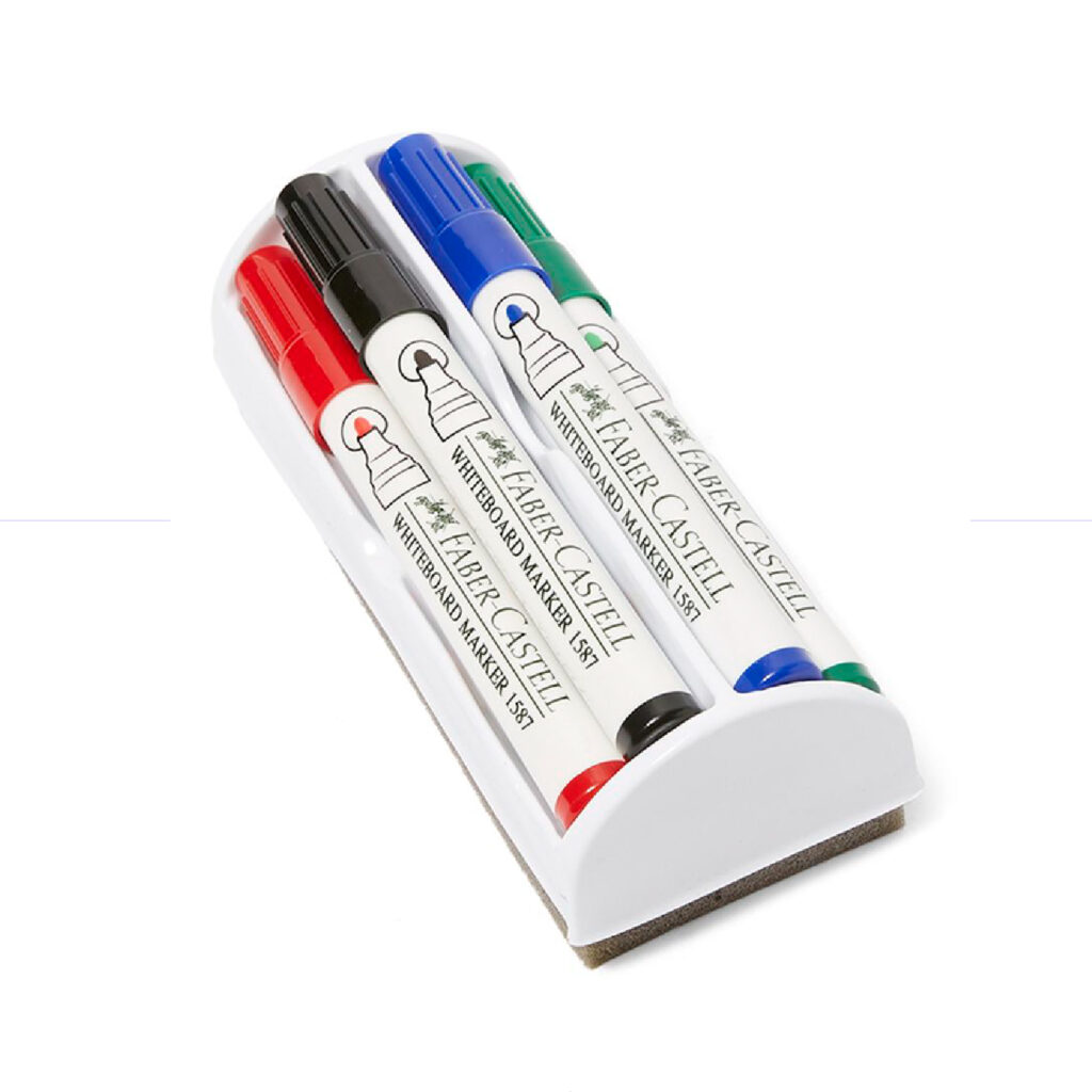 Faber Castell Whiteboard Marker Set 4 Colors + Eraser / 1587/4E مجموعة اقلام لوح