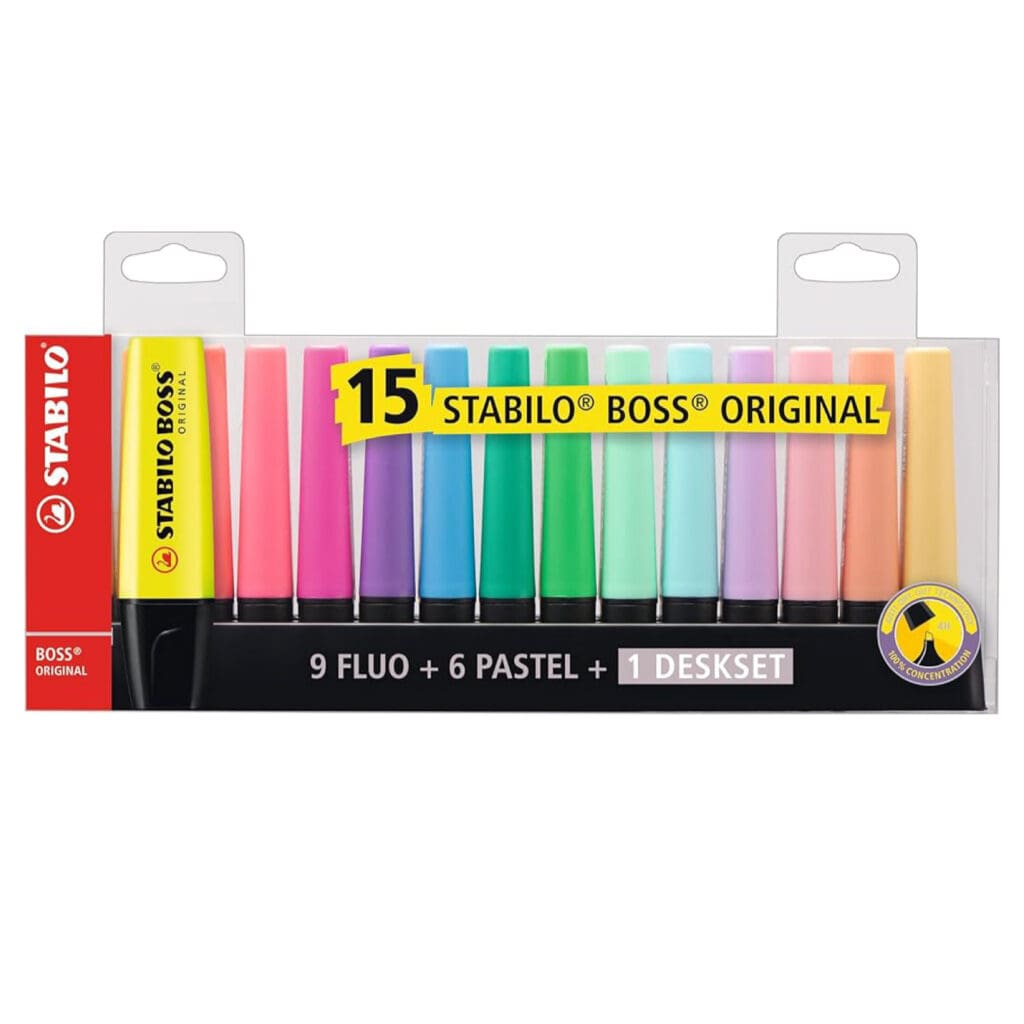 Stabilo Boss Original Highlighter (Set 15 Colors) 7015-01 Assorted + Desk Set قلم تمييز